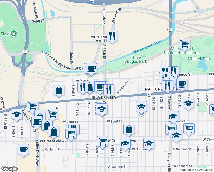 map of restaurants, bars, coffee shops, grocery stores, and more near 3429 West Pierce Street in Milwaukee