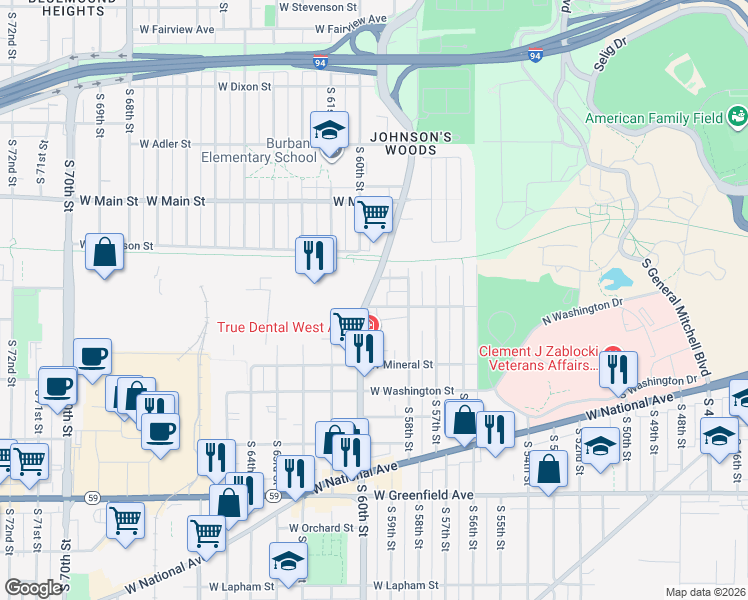 map of restaurants, bars, coffee shops, grocery stores, and more near 828 South 60th Street in West Allis