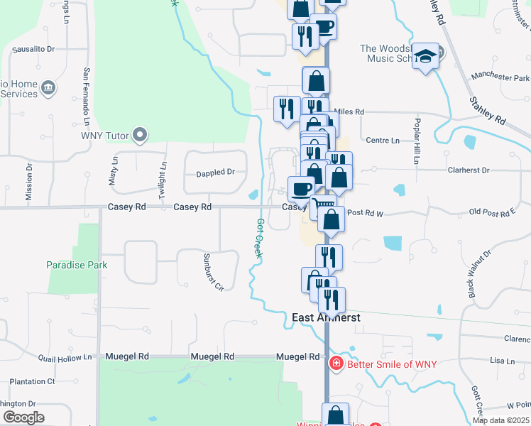 map of restaurants, bars, coffee shops, grocery stores, and more near 132 Berwick Lane in East Amherst