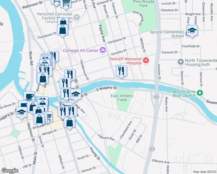 map of restaurants, bars, coffee shops, grocery stores, and more near E Niagara St & Douglas St in Tonawanda