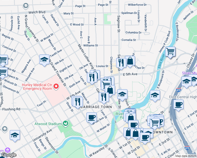 map of restaurants, bars, coffee shops, grocery stores, and more near 805 Martin Luther King Avenue in Flint