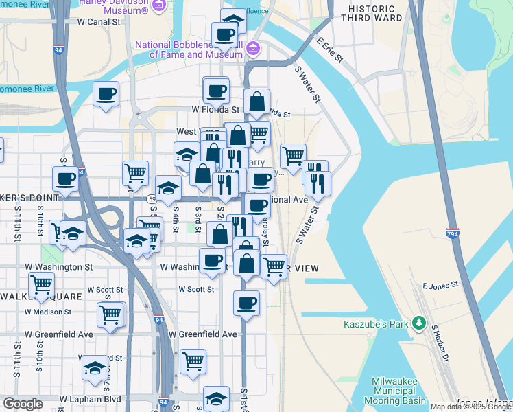 map of restaurants, bars, coffee shops, grocery stores, and more near 125 East National Avenue in Milwaukee