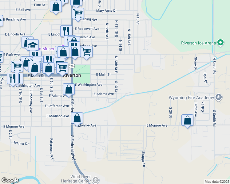 map of restaurants, bars, coffee shops, grocery stores, and more near 1210 East Adams Avenue in Riverton
