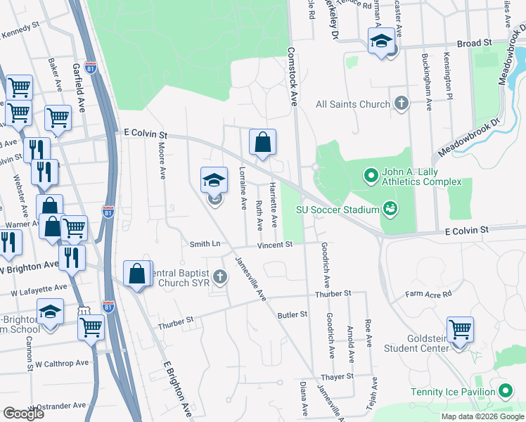 map of restaurants, bars, coffee shops, grocery stores, and more near 137 Ruth Avenue in Syracuse