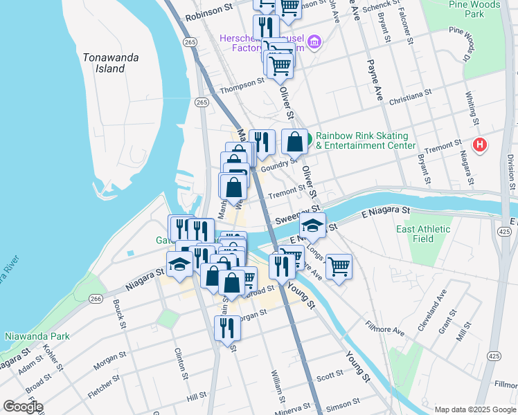 map of restaurants, bars, coffee shops, grocery stores, and more near 63 Tremont Street in North Tonawanda
