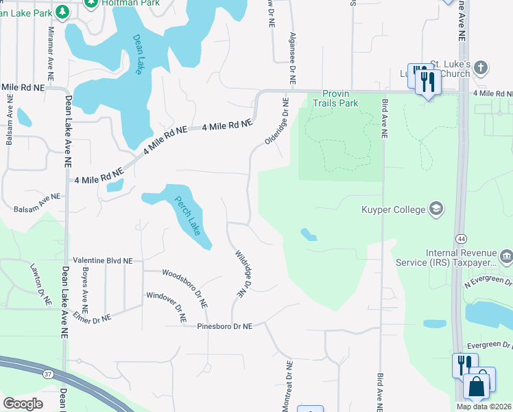 map of restaurants, bars, coffee shops, grocery stores, and more near 3338 Olderidge Drive Northeast in Grand Rapids