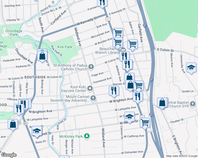 map of restaurants, bars, coffee shops, grocery stores, and more near 152 Fernwood Avenue in Syracuse