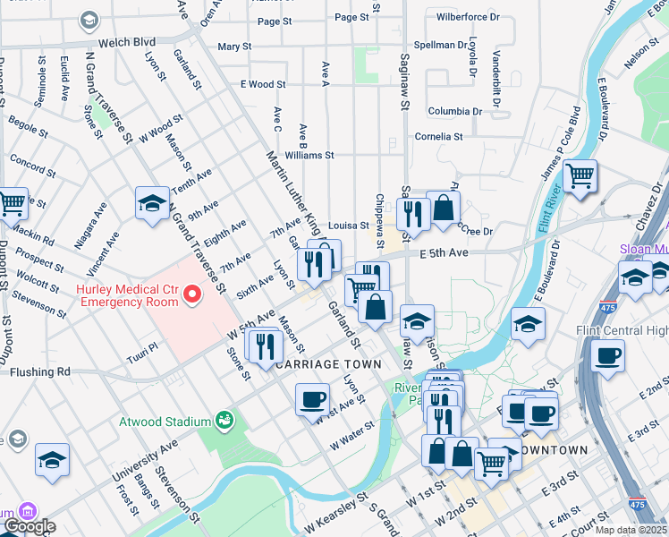 map of restaurants, bars, coffee shops, grocery stores, and more near 805 Martin Luther King Avenue in Flint