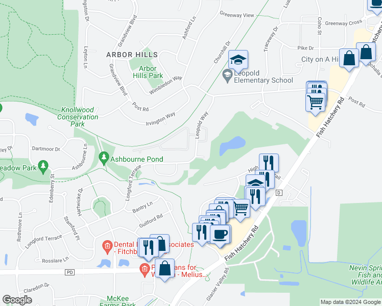 map of restaurants, bars, coffee shops, grocery stores, and more near 3330 Leopold Way in Fitchburg