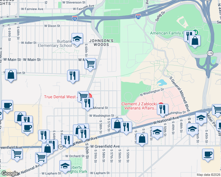 map of restaurants, bars, coffee shops, grocery stores, and more near 828 South 57th Street in West Allis