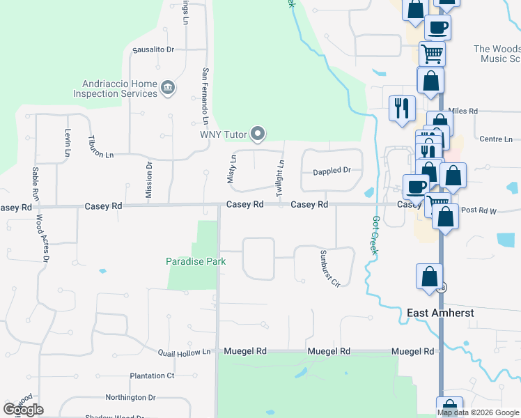 map of restaurants, bars, coffee shops, grocery stores, and more near 805 Casey Road in East Amherst