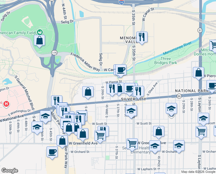 map of restaurants, bars, coffee shops, grocery stores, and more near 719 S 38th St in Milwaukee