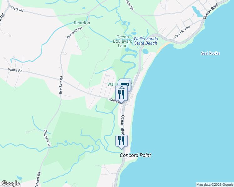 map of restaurants, bars, coffee shops, grocery stores, and more near 21 Wallis Road in Rye