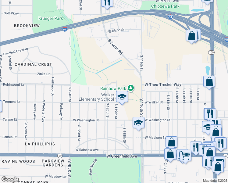 map of restaurants, bars, coffee shops, grocery stores, and more near 726 South 119th Street in West Allis