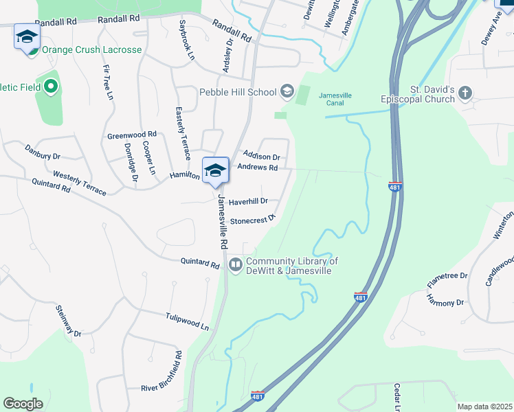 map of restaurants, bars, coffee shops, grocery stores, and more near 114 Haverhill Drive in Syracuse