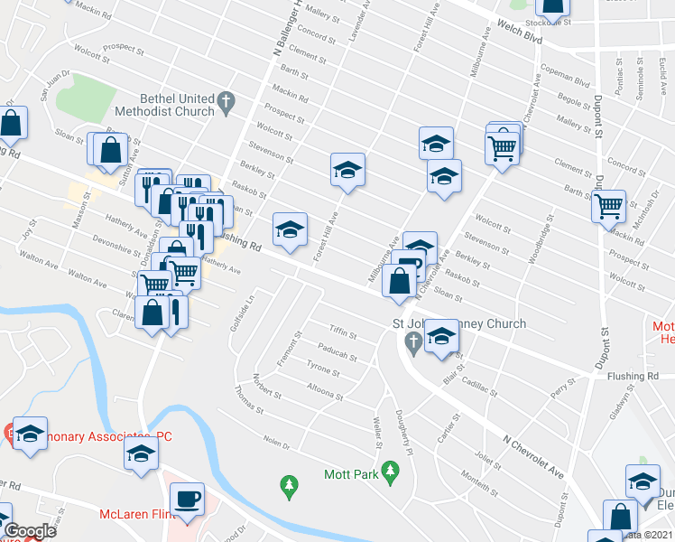 map of restaurants, bars, coffee shops, grocery stores, and more near 2638 Flushing Road in Flint