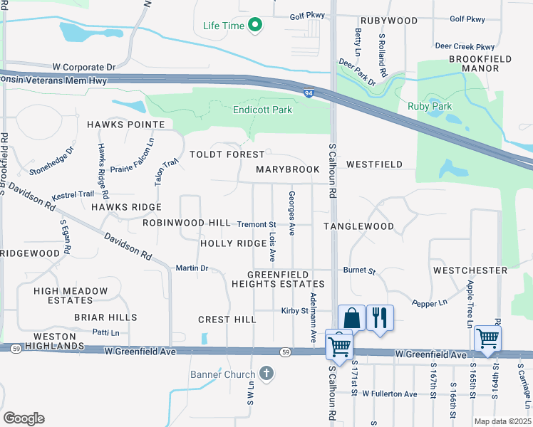 map of restaurants, bars, coffee shops, grocery stores, and more near 825 Lois Avenue in Brookfield