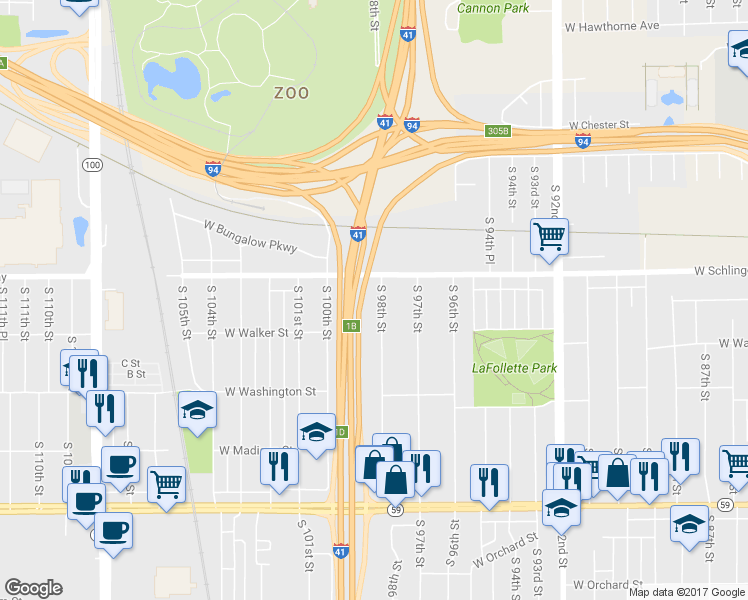 map of restaurants, bars, coffee shops, grocery stores, and more near 735 South 98th Street in West Allis