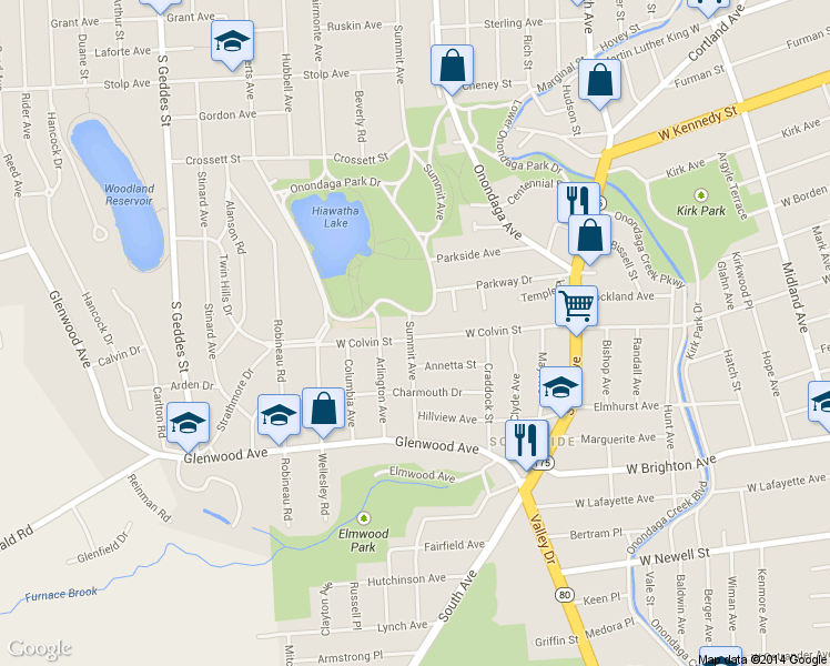 map of restaurants, bars, coffee shops, grocery stores, and more near 511 Summit Ave in Syracuse