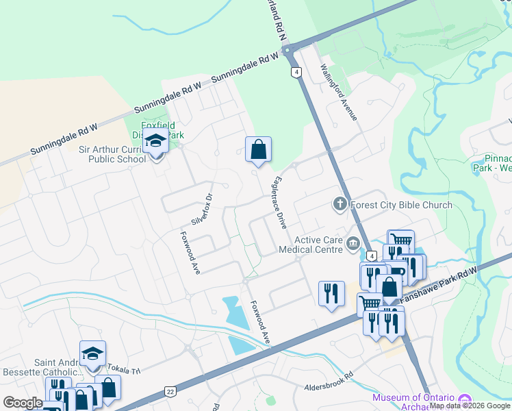 map of restaurants, bars, coffee shops, grocery stores, and more near 943 Foxcreek Road in London