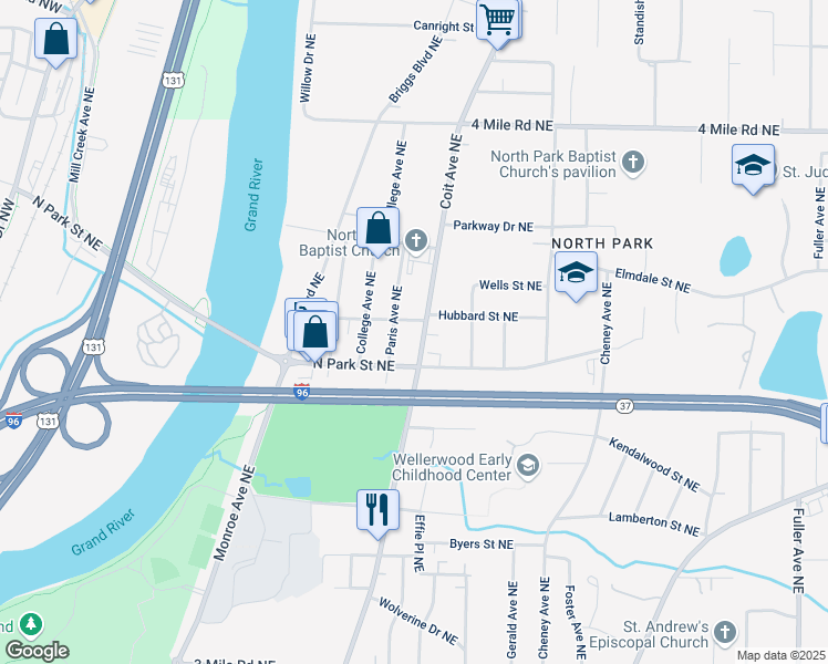 map of restaurants, bars, coffee shops, grocery stores, and more near 3277 Coit Avenue Northeast in Grand Rapids