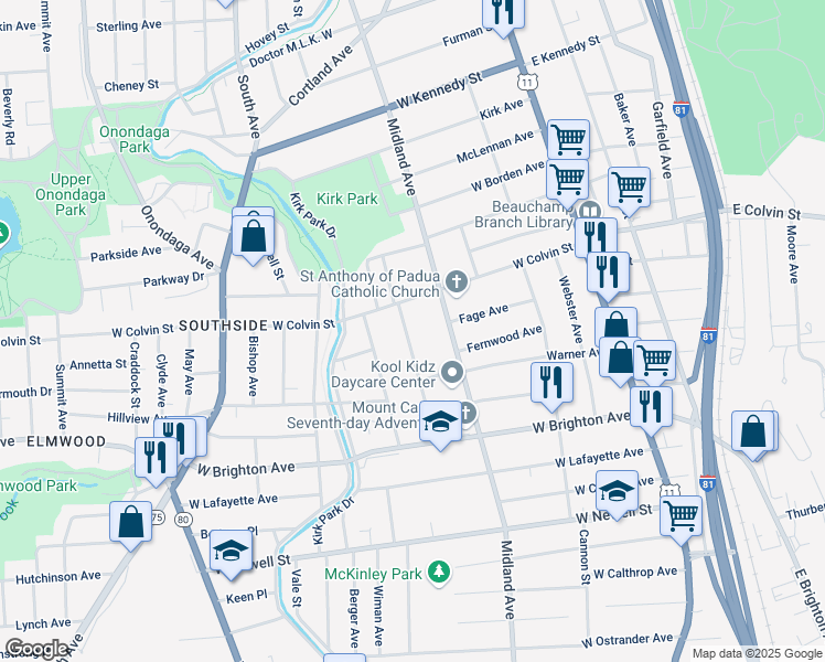 map of restaurants, bars, coffee shops, grocery stores, and more near 135 Hope Avenue in Syracuse