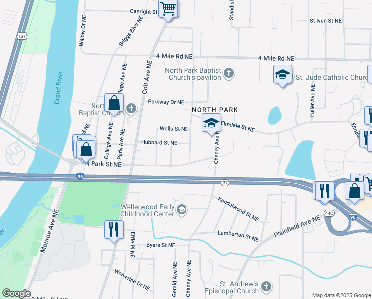 map of restaurants, bars, coffee shops, grocery stores, and more near 3275 Eastern Avenue Northeast in Grand Rapids
