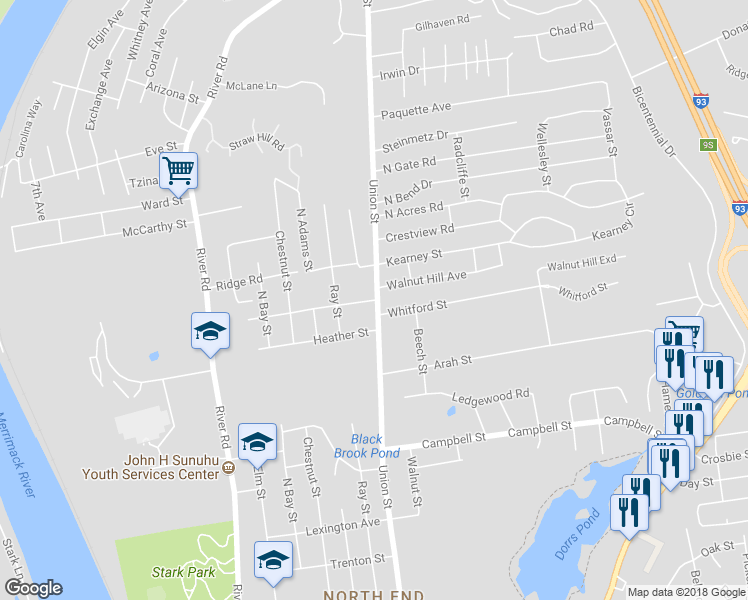 map of restaurants, bars, coffee shops, grocery stores, and more near 240 Pinecrest Road in Manchester