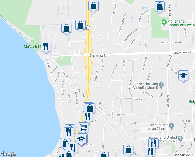 map of restaurants, bars, coffee shops, grocery stores, and more near 5210 Paulson Court in McFarland