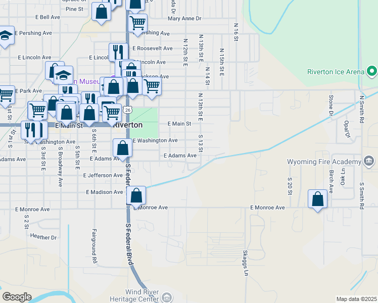 map of restaurants, bars, coffee shops, grocery stores, and more near 1210 East Adams Avenue in Riverton