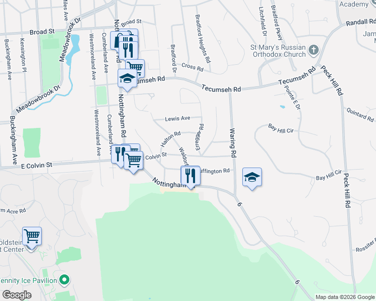map of restaurants, bars, coffee shops, grocery stores, and more near 2601 East Colvin Street in Syracuse
