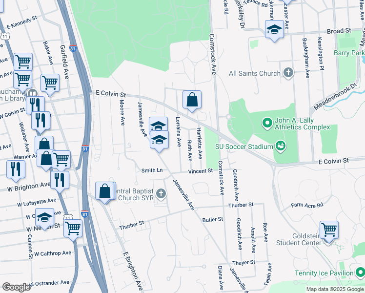 map of restaurants, bars, coffee shops, grocery stores, and more near 240 Lorraine Avenue in Syracuse