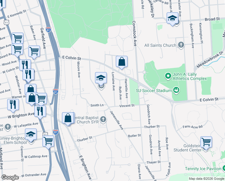 map of restaurants, bars, coffee shops, grocery stores, and more near 240 Lorraine Avenue in Syracuse