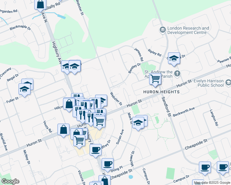 map of restaurants, bars, coffee shops, grocery stores, and more near 1280 Webster Street in London