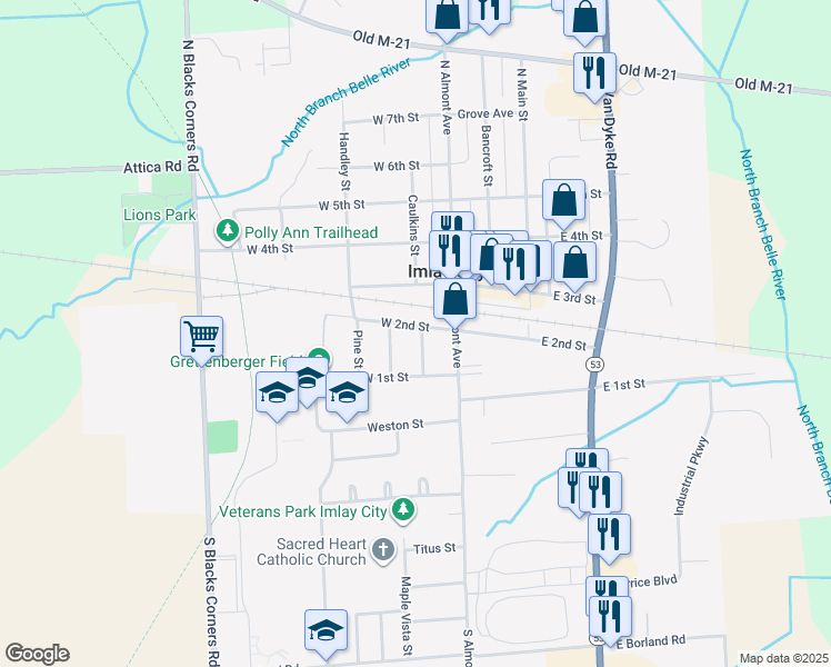map of restaurants, bars, coffee shops, grocery stores, and more near 205 West 2nd Street in Imlay City
