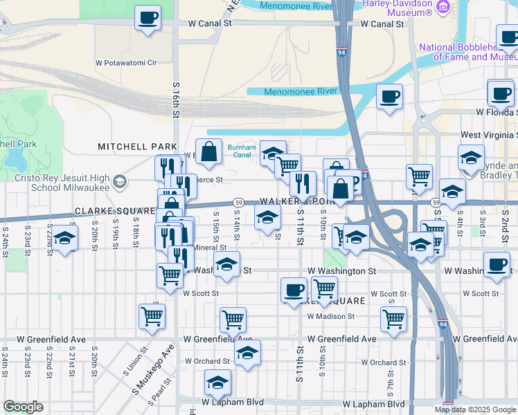 map of restaurants, bars, coffee shops, grocery stores, and more near 1313 West National Avenue in Milwaukee