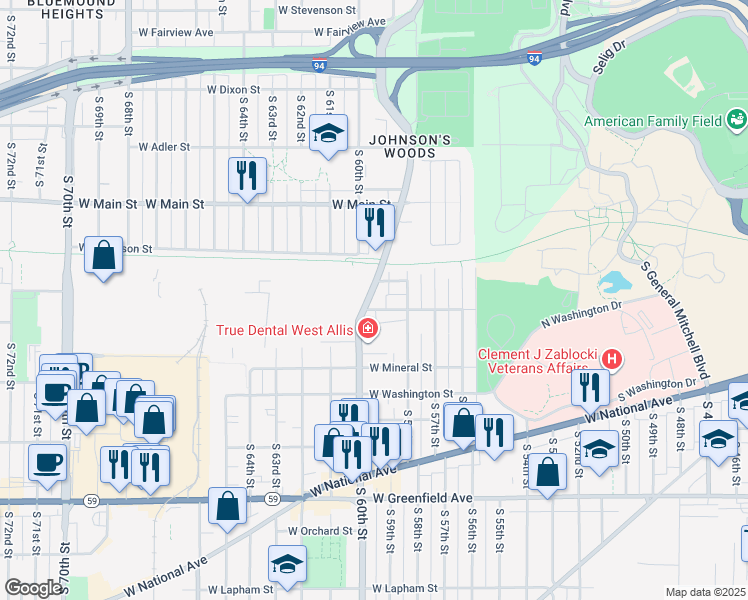 map of restaurants, bars, coffee shops, grocery stores, and more near 828 South 60th Street in West Allis