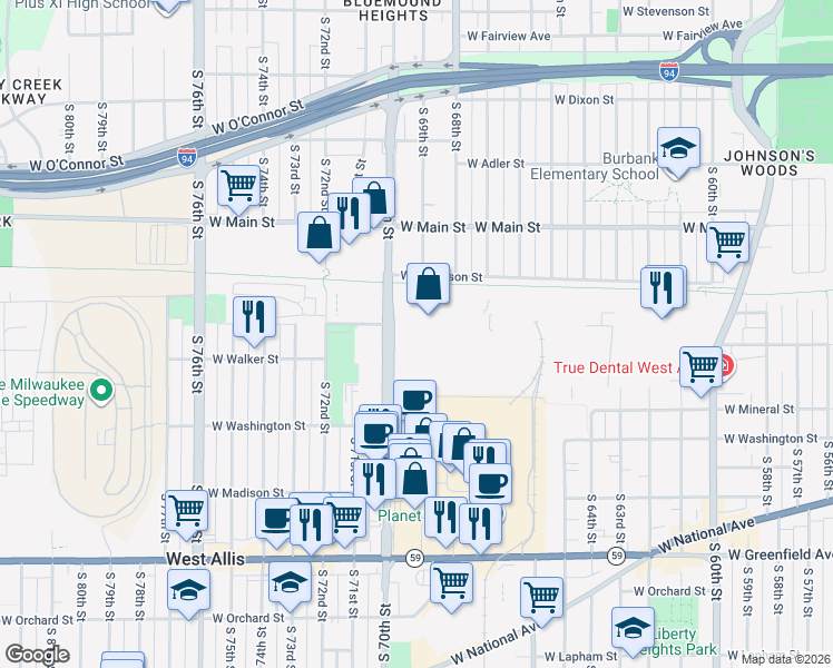 map of restaurants, bars, coffee shops, grocery stores, and more near 770 South 70th Street in Milwaukee