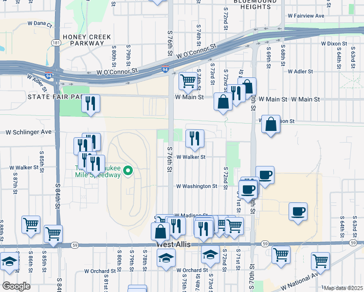 map of restaurants, bars, coffee shops, grocery stores, and more near 841 South 75th Street in West Allis