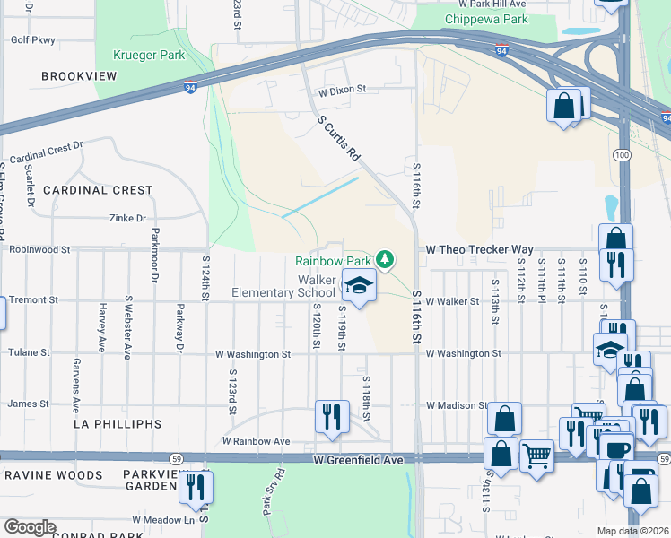 map of restaurants, bars, coffee shops, grocery stores, and more near 726 South 119th Street in West Allis