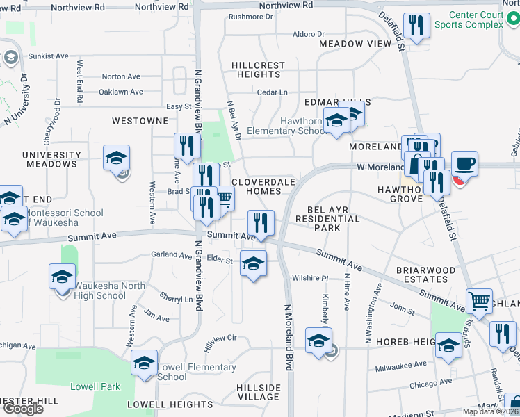 map of restaurants, bars, coffee shops, grocery stores, and more near 720 North Bel Ayr Drive in Waukesha