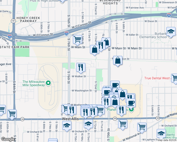map of restaurants, bars, coffee shops, grocery stores, and more near 845 South 73rd Street in West Allis