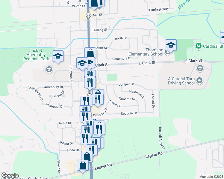 map of restaurants, bars, coffee shops, grocery stores, and more near 711 Tamarac Drive in Davison