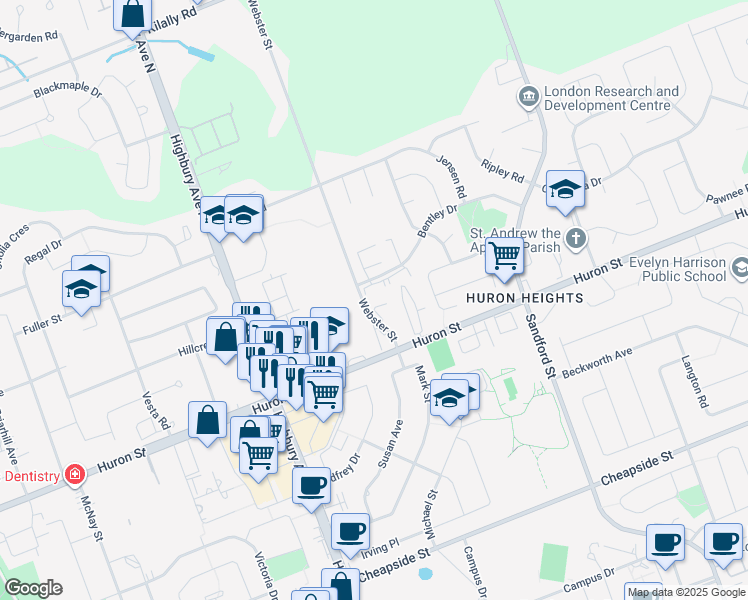 map of restaurants, bars, coffee shops, grocery stores, and more near 1280 Webster Street in London