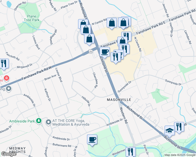 map of restaurants, bars, coffee shops, grocery stores, and more near 27 Cherokee Road in London