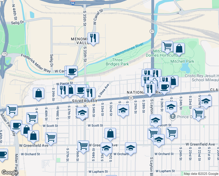 map of restaurants, bars, coffee shops, grocery stores, and more near 725 South 32nd Street in Milwaukee