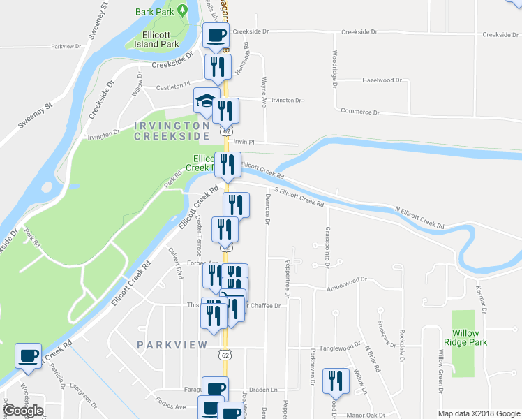 map of restaurants, bars, coffee shops, grocery stores, and more near 384 Denrose Drive in Buffalo