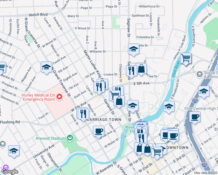 map of restaurants, bars, coffee shops, grocery stores, and more near 805 Martin Luther King Avenue in Flint