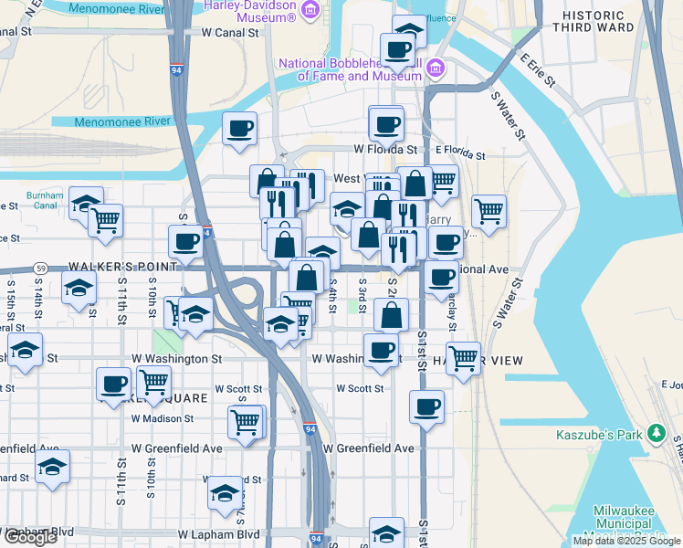 map of restaurants, bars, coffee shops, grocery stores, and more near 333 West National Avenue in Milwaukee