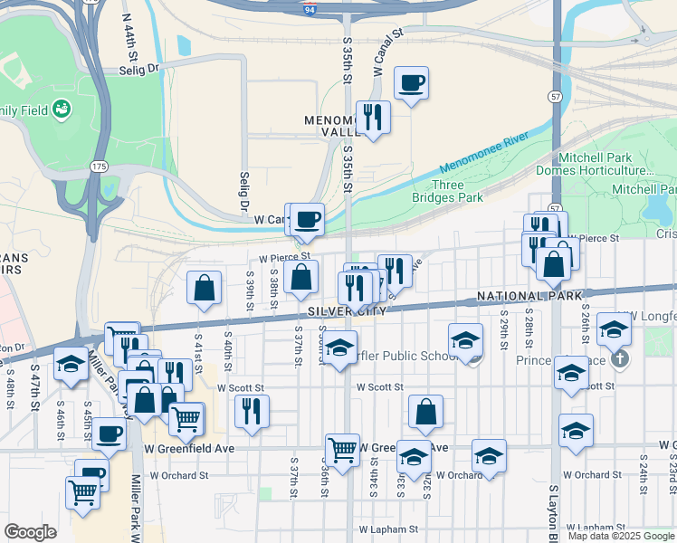 map of restaurants, bars, coffee shops, grocery stores, and more near South 35th Street in Milwaukee